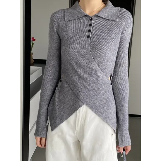 Asymmetric Buttoned Hollow Long Sleeves Skinny Lapel Sweater Pullovers Knitwear Asymmetric Buttoned Hollow Long Sleeves Skinny Lapel Sweater Pullovers Knitwear