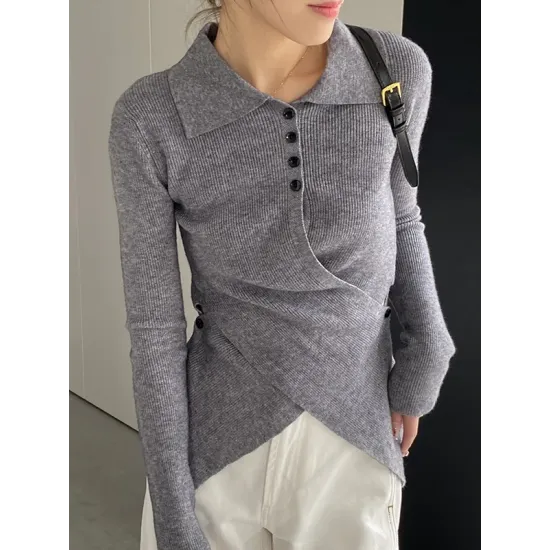Asymmetric Buttoned Hollow Long Sleeves Skinny Lapel Sweater Pullovers Knitwear Asymmetric Buttoned Hollow Long Sleeves Skinny Lapel Sweater Pullovers Knitwear