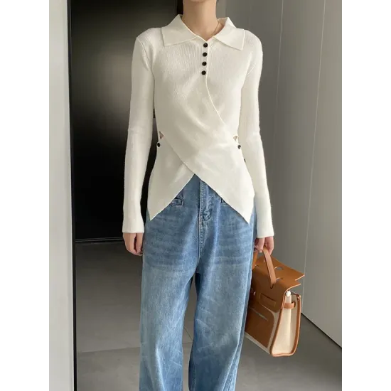 Asymmetric Buttoned Hollow Long Sleeves Skinny Lapel Sweater Pullovers Knitwear Asymmetric Buttoned Hollow Long Sleeves Skinny Lapel Sweater Pullovers Knitwear