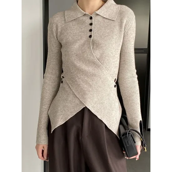 Asymmetric Buttoned Hollow Long Sleeves Skinny Lapel Sweater Pullovers Knitwear Asymmetric Buttoned Hollow Long Sleeves Skinny Lapel Sweater Pullovers Knitwear