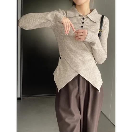Asymmetric Buttoned Hollow Long Sleeves Skinny Lapel Sweater Pullovers Knitwear Asymmetric Buttoned Hollow Long Sleeves Skinny Lapel Sweater Pullovers Knitwear