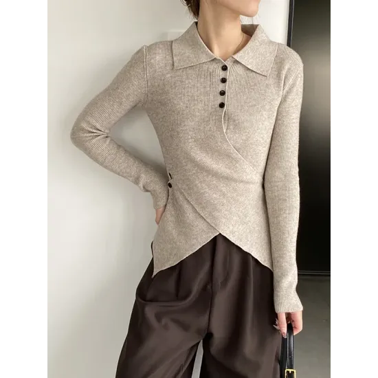 Asymmetric Buttoned Hollow Long Sleeves Skinny Lapel Sweater Pullovers Knitwear Asymmetric Buttoned Hollow Long Sleeves Skinny Lapel Sweater Pullovers Knitwear