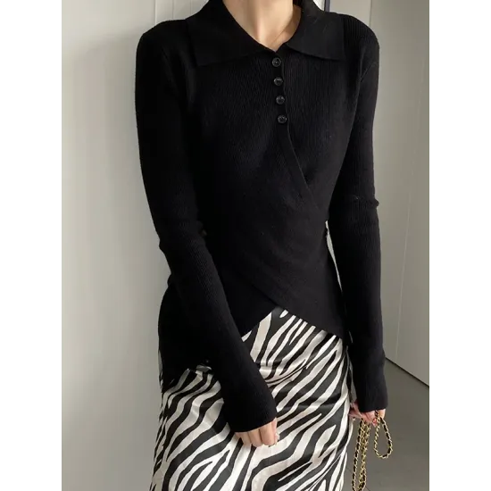 Asymmetric Buttoned Hollow Long Sleeves Skinny Lapel Sweater Pullovers Knitwear Asymmetric Buttoned Hollow Long Sleeves Skinny Lapel Sweater Pullovers Knitwear