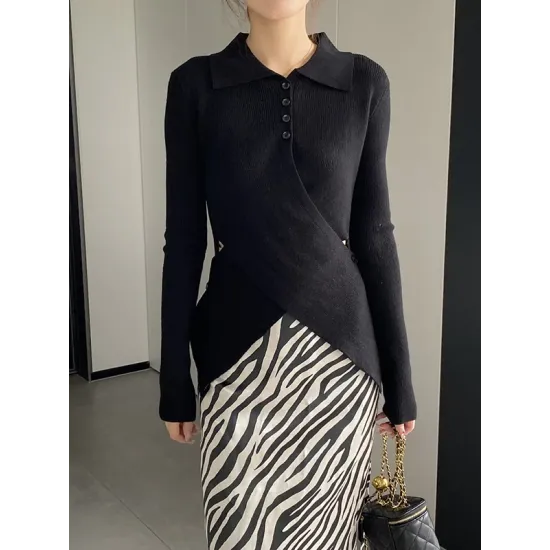 Asymmetric Buttoned Hollow Long Sleeves Skinny Lapel Sweater Pullovers Knitwear Asymmetric Buttoned Hollow Long Sleeves Skinny Lapel Sweater Pullovers Knitwear
