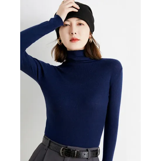 Simple Skinny Long Sleeves Solid Color High-Neck Sweater Tops Pullovers Simple Skinny Long Sleeves Solid Color High-Neck Sweater Tops Pullovers
