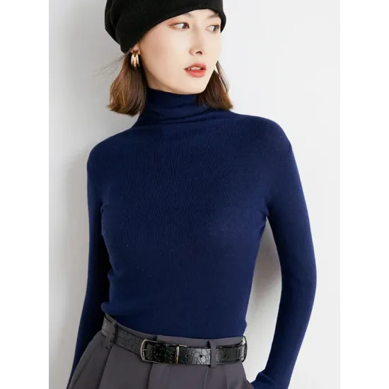 Simple Skinny Long Sleeves Solid Color High-Neck Sweater Tops Pullovers Simple Skinny Long Sleeves Solid Color High-Neck Sweater Tops Pullovers