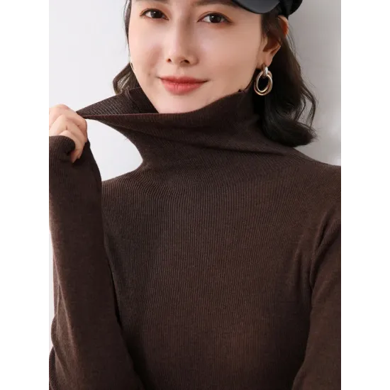 Simple Skinny Long Sleeves Solid Color High-Neck Sweater Tops Pullovers Simple Skinny Long Sleeves Solid Color High-Neck Sweater Tops Pullovers