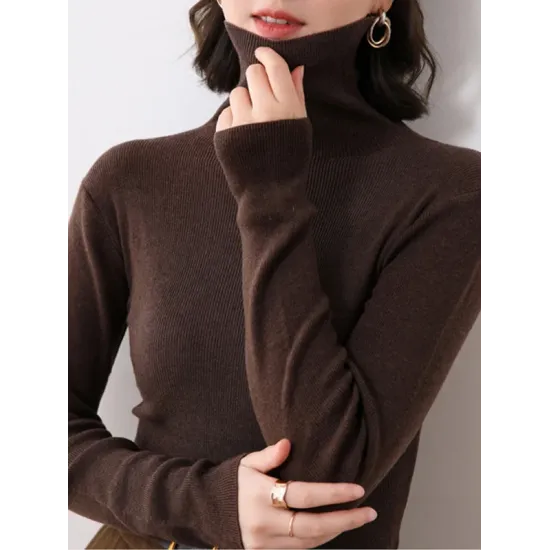 Simple Skinny Long Sleeves Solid Color High-Neck Sweater Tops Pullovers Simple Skinny Long Sleeves Solid Color High-Neck Sweater Tops Pullovers