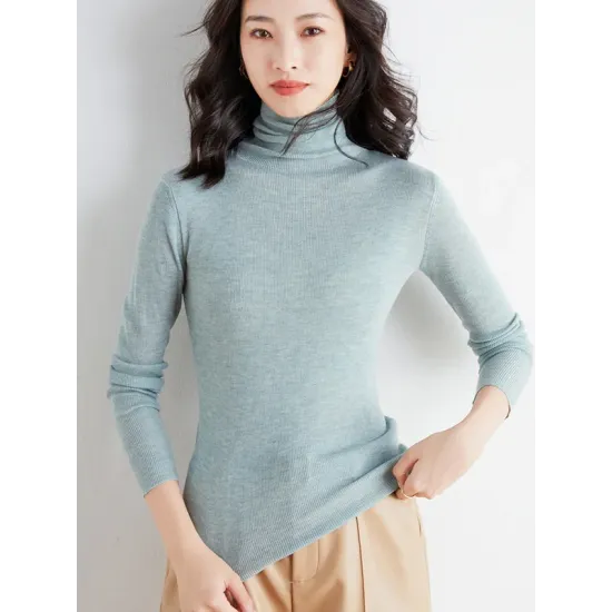 Simple Skinny Long Sleeves Solid Color High-Neck Sweater Tops Pullovers Simple Skinny Long Sleeves Solid Color High-Neck Sweater Tops Pullovers