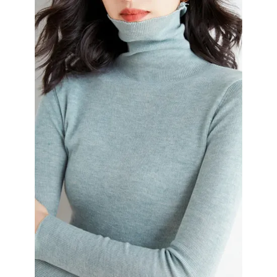 Simple Skinny Long Sleeves Solid Color High-Neck Sweater Tops Pullovers Simple Skinny Long Sleeves Solid Color High-Neck Sweater Tops Pullovers