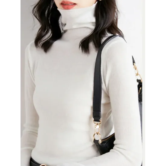 Simple Skinny Long Sleeves Solid Color High-Neck Sweater Tops Pullovers Simple Skinny Long Sleeves Solid Color High-Neck Sweater Tops Pullovers