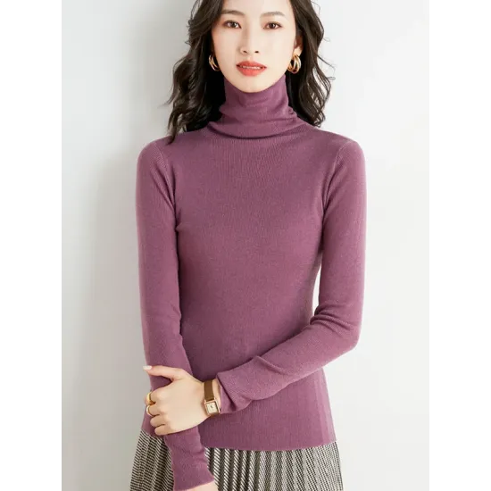 Simple Skinny Long Sleeves Solid Color High-Neck Sweater Tops Pullovers Simple Skinny Long Sleeves Solid Color High-Neck Sweater Tops Pullovers