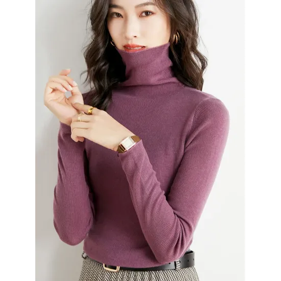 Simple Skinny Long Sleeves Solid Color High-Neck Sweater Tops Pullovers Simple Skinny Long Sleeves Solid Color High-Neck Sweater Tops Pullovers