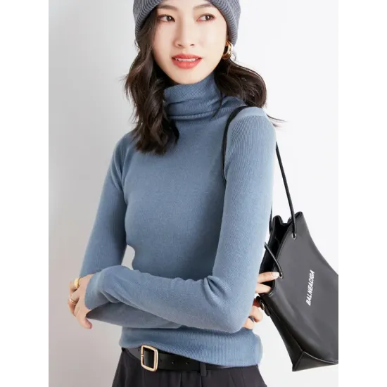 Simple Skinny Long Sleeves Solid Color High-Neck Sweater Tops Pullovers Simple Skinny Long Sleeves Solid Color High-Neck Sweater Tops Pullovers