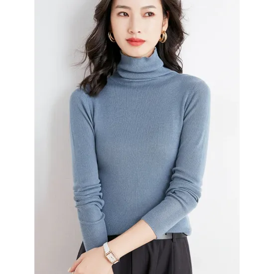 Simple Skinny Long Sleeves Solid Color High-Neck Sweater Tops Pullovers Simple Skinny Long Sleeves Solid Color High-Neck Sweater Tops Pullovers