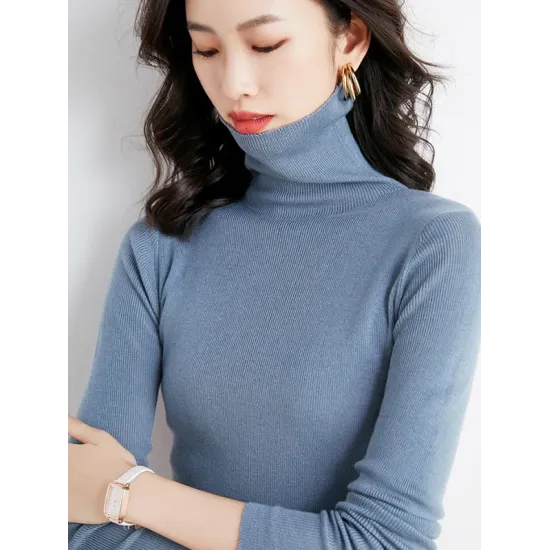 Simple Skinny Long Sleeves Solid Color High-Neck Sweater Tops Pullovers Simple Skinny Long Sleeves Solid Color High-Neck Sweater Tops Pullovers