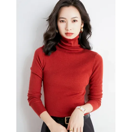 Simple Skinny Long Sleeves Solid Color High-Neck Sweater Tops Pullovers Simple Skinny Long Sleeves Solid Color High-Neck Sweater Tops Pullovers