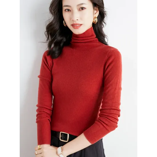 Simple Skinny Long Sleeves Solid Color High-Neck Sweater Tops Pullovers Simple Skinny Long Sleeves Solid Color High-Neck Sweater Tops Pullovers