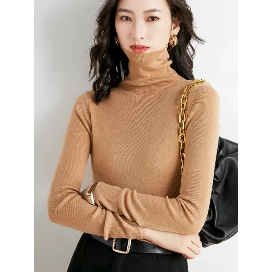 Simple Skinny Long Sleeves Solid Color High-Neck Sweater Tops Pullovers Simple Skinny Long Sleeves Solid Color High-Neck Sweater Tops Pullovers