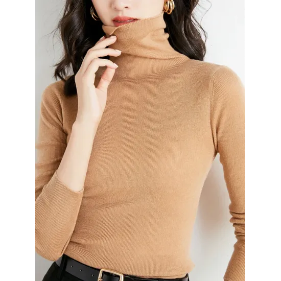 Simple Skinny Long Sleeves Solid Color High-Neck Sweater Tops Pullovers Simple Skinny Long Sleeves Solid Color High-Neck Sweater Tops Pullovers