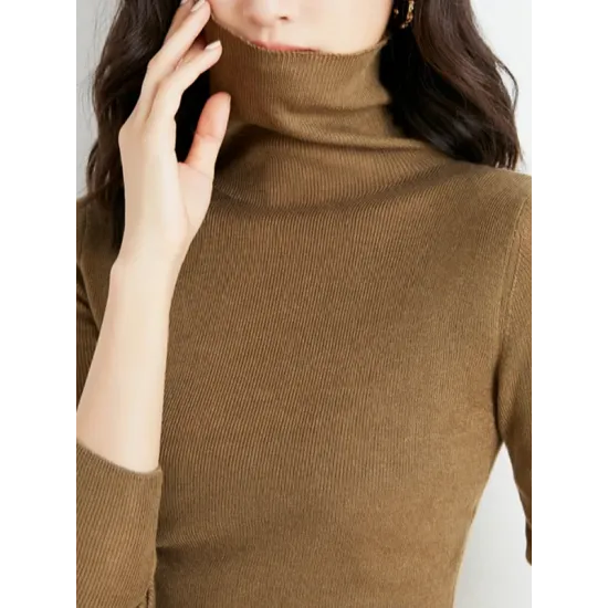 Simple Skinny Long Sleeves Solid Color High-Neck Sweater Tops Pullovers Simple Skinny Long Sleeves Solid Color High-Neck Sweater Tops Pullovers