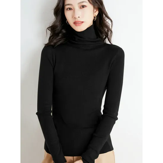 Simple Skinny Long Sleeves Solid Color High-Neck Sweater Tops Pullovers Simple Skinny Long Sleeves Solid Color High-Neck Sweater Tops Pullovers