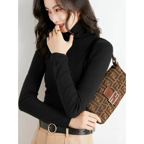 Simple Skinny Long Sleeves Solid Color High-Neck Sweater Tops Pullovers Simple Skinny Long Sleeves Solid Color High-Neck Sweater Tops Pullovers