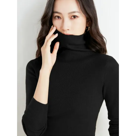 Simple Skinny Long Sleeves Solid Color High-Neck Sweater Tops Pullovers Simple Skinny Long Sleeves Solid Color High-Neck Sweater Tops Pullovers