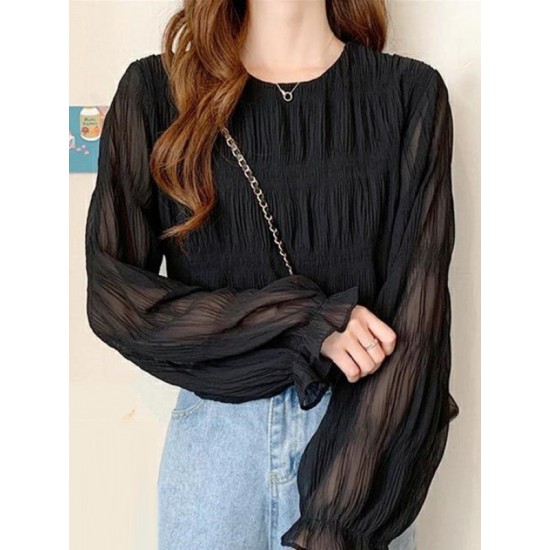 Pleated Solid Color Flared Sleeves Loose Round-Neck T-Shirts Pleated Solid Color Flared Sleeves Loose Round-Neck T-Shirts