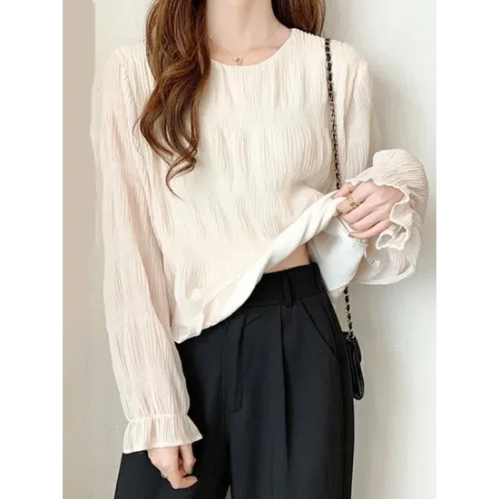 Pleated Solid Color Flared Sleeves Loose Round-Neck T-Shirts Pleated Solid Color Flared Sleeves Loose Round-Neck T-Shirts