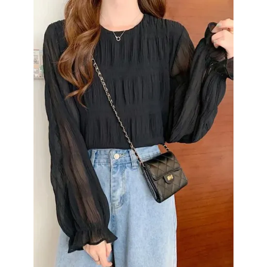 Pleated Solid Color Flared Sleeves Loose Round-Neck T-Shirts Pleated Solid Color Flared Sleeves Loose Round-Neck T-Shirts