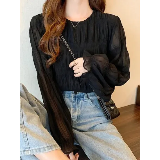 Pleated Solid Color Flared Sleeves Loose Round-Neck T-Shirts Pleated Solid Color Flared Sleeves Loose Round-Neck T-Shirts