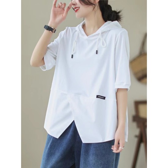 Drawstring Split-Joint Loose Short Sleeves Hooded T-Shirts Drawstring Split-Joint Loose Short Sleeves Hooded T-Shirts