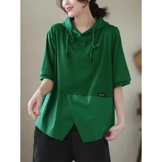 Drawstring Split-Joint Loose Short Sleeves Hooded T-Shirts Drawstring Split-Joint Loose Short Sleeves Hooded T-Shirts