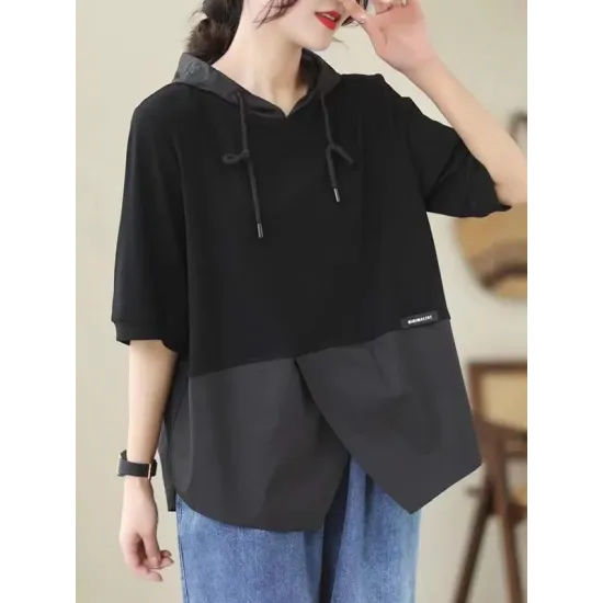 Drawstring Split-Joint Loose Short Sleeves Hooded T-Shirts Drawstring Split-Joint Loose Short Sleeves Hooded T-Shirts