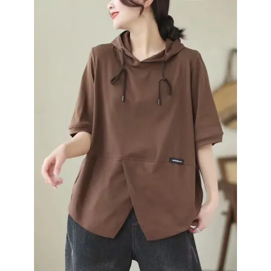 Drawstring Split-Joint Loose Short Sleeves Hooded T-Shirts Drawstring Split-Joint Loose Short Sleeves Hooded T-Shirts