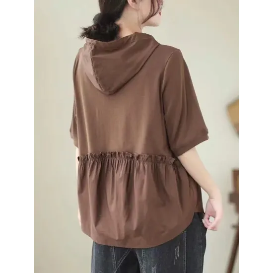Drawstring Split-Joint Loose Short Sleeves Hooded T-Shirts Drawstring Split-Joint Loose Short Sleeves Hooded T-Shirts