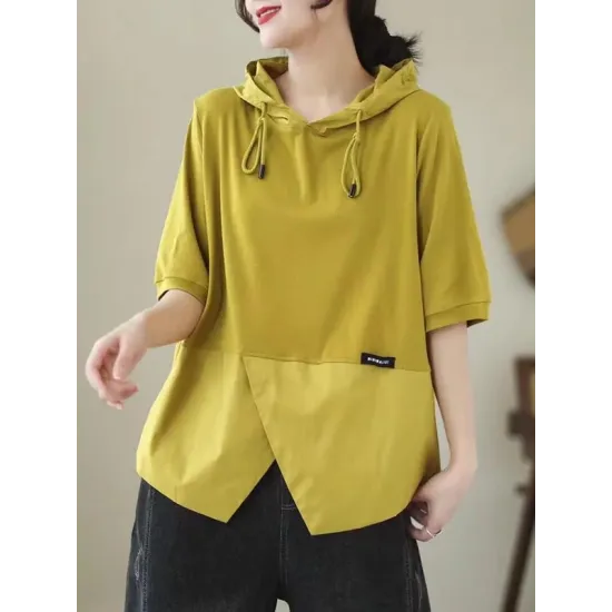 Drawstring Split-Joint Loose Short Sleeves Hooded T-Shirts Drawstring Split-Joint Loose Short Sleeves Hooded T-Shirts