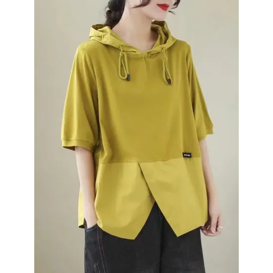 Drawstring Split-Joint Loose Short Sleeves Hooded T-Shirts Drawstring Split-Joint Loose Short Sleeves Hooded T-Shirts