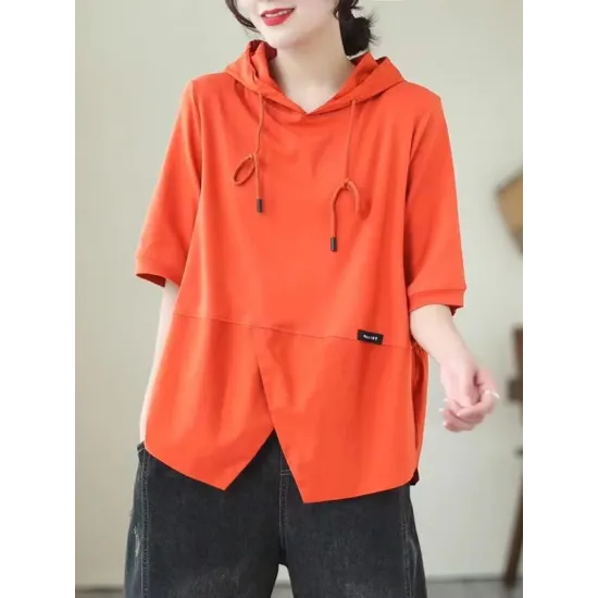 Drawstring Split-Joint Loose Short Sleeves Hooded T-Shirts Drawstring Split-Joint Loose Short Sleeves Hooded T-Shirts