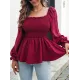 Elasticity Pleated Solid Color Long Sleeves Puff Sleeves Square-Neck T-Shirts