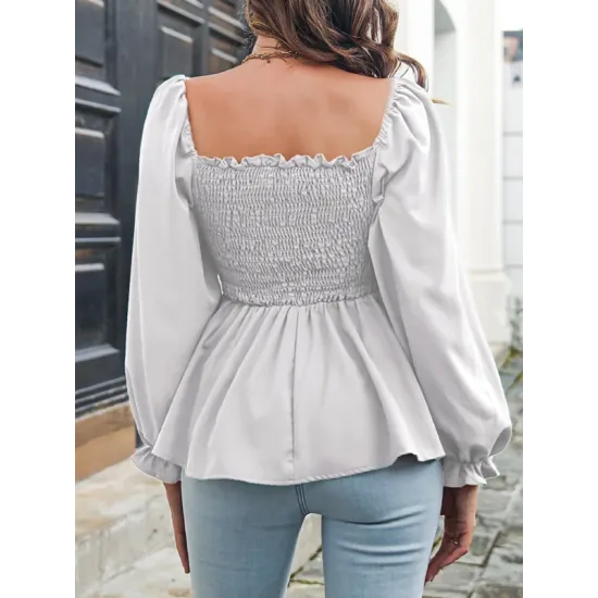 Elasticity Pleated Solid Color Long Sleeves Puff Sleeves Square-Neck T-Shirts