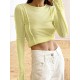 Pleated Solid Color Long Sleeves Skinny Round-Neck T-Shirts Pleated Solid Color Long Sleeves Skinny Round-Neck T-Shirts
