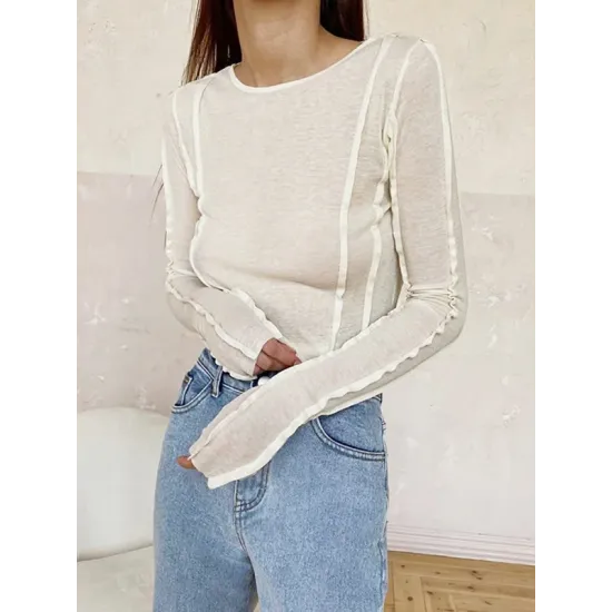 Pleated Solid Color Long Sleeves Skinny Round-Neck T-Shirts Pleated Solid Color Long Sleeves Skinny Round-Neck T-Shirts
