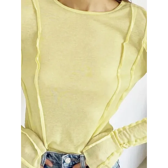 Pleated Solid Color Long Sleeves Skinny Round-Neck T-Shirts Pleated Solid Color Long Sleeves Skinny Round-Neck T-Shirts