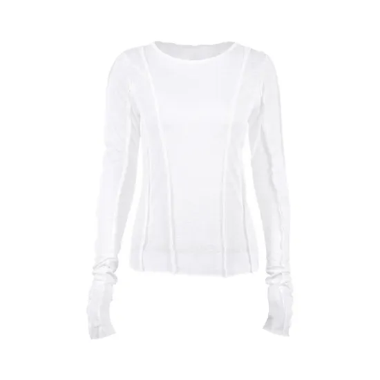 Pleated Solid Color Long Sleeves Skinny Round-Neck T-Shirts Pleated Solid Color Long Sleeves Skinny Round-Neck T-Shirts