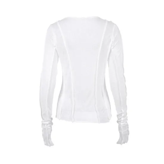 Pleated Solid Color Long Sleeves Skinny Round-Neck T-Shirts Pleated Solid Color Long Sleeves Skinny Round-Neck T-Shirts