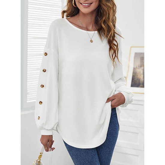 Simple Loose Long Sleeves Solid Color Round-Neck T-Shirts Tops Simple Loose Long Sleeves Solid Color Round-Neck T-Shirts Tops