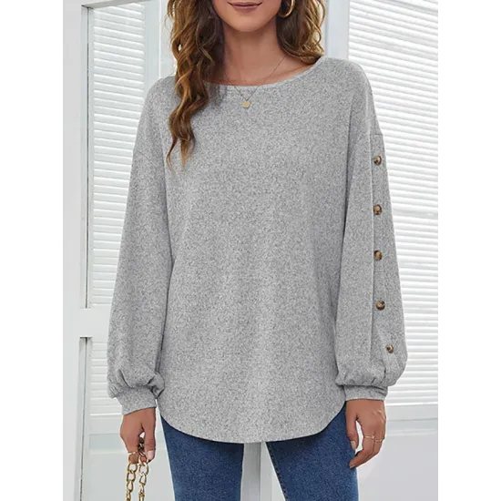 Simple Loose Long Sleeves Solid Color Round-Neck T-Shirts Tops Simple Loose Long Sleeves Solid Color Round-Neck T-Shirts Tops