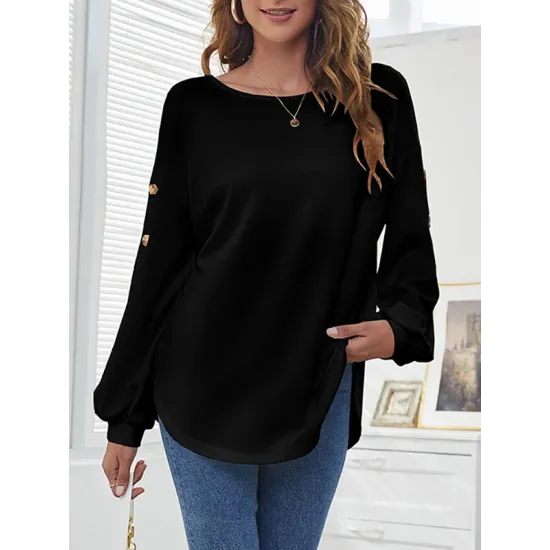Simple Loose Long Sleeves Solid Color Round-Neck T-Shirts Tops Simple Loose Long Sleeves Solid Color Round-Neck T-Shirts Tops